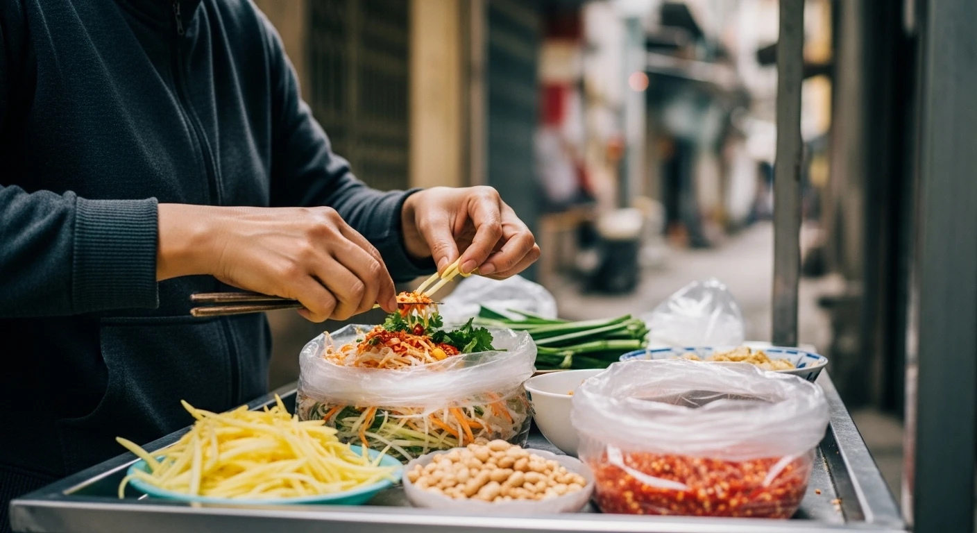 A vendor preparing Banh Trang Tron with shredded mango, peanuts, and chili sauce in a plastic bag