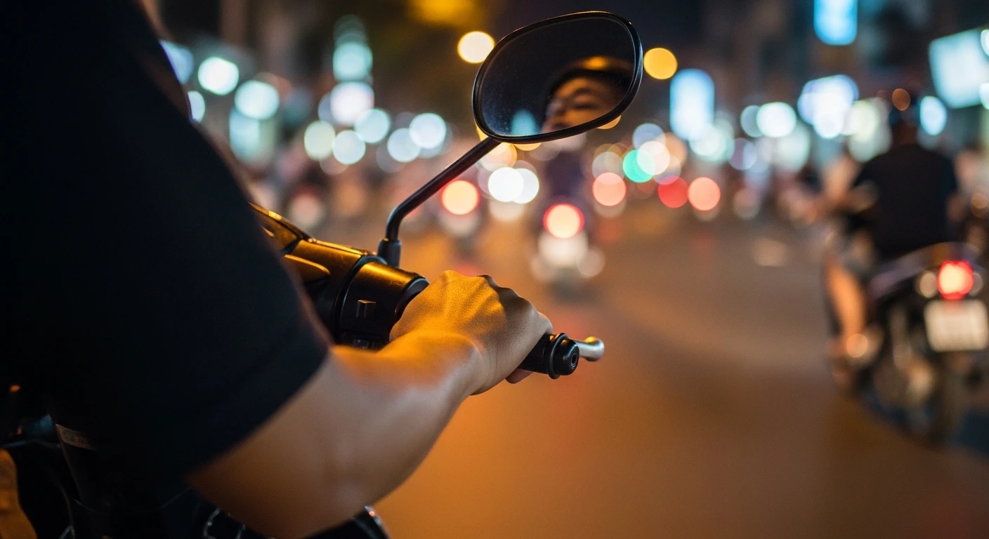A close-up of a motorbike rider's hands navigating through dense Saigon traffic at night