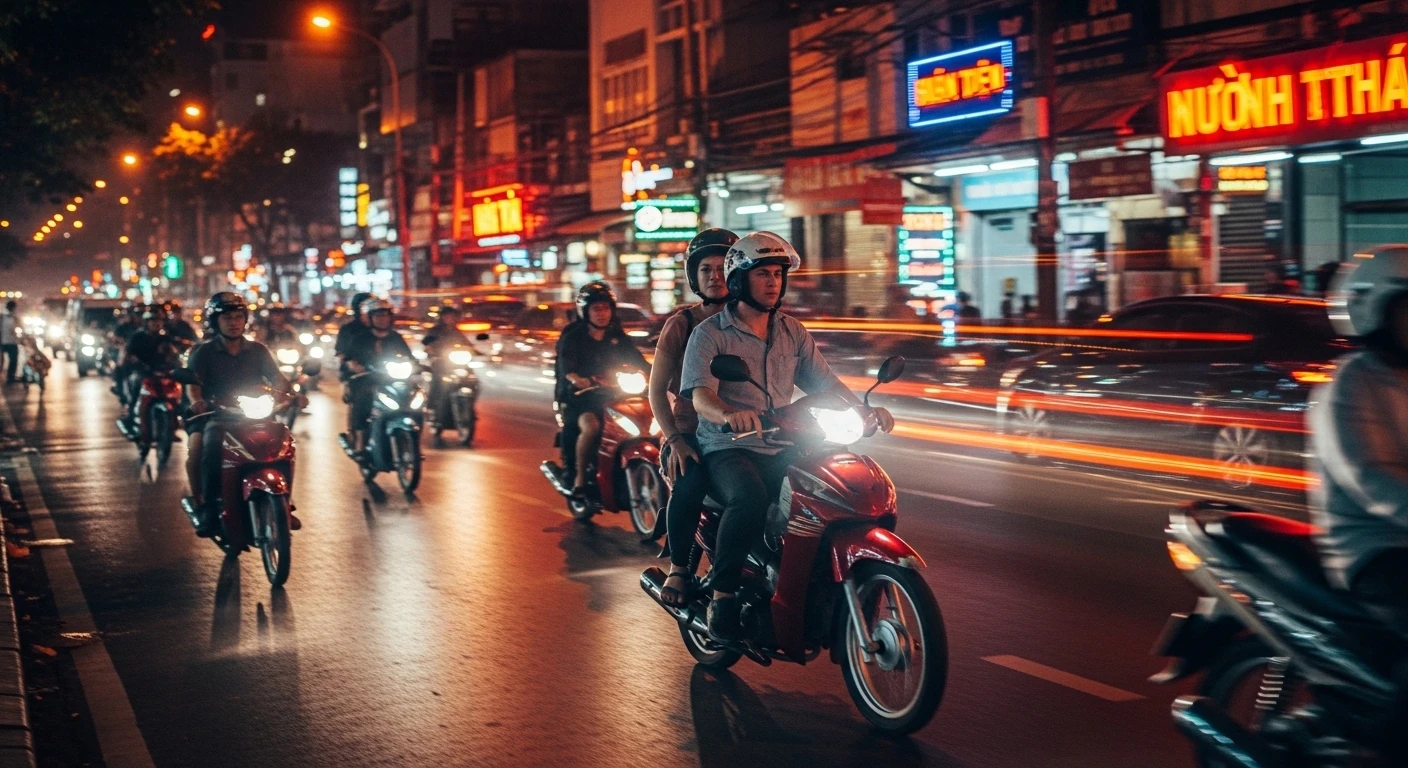 Motorbike weaving through Saigon traffic at night with vibrant street lights