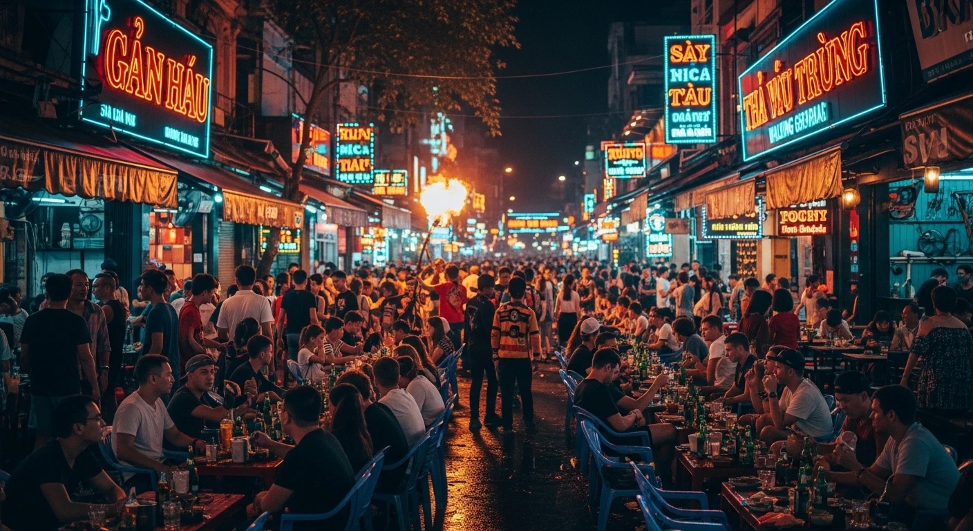 A wide shot of Bui Vien Walking Street at night, packed with people, neon signs, and street performers