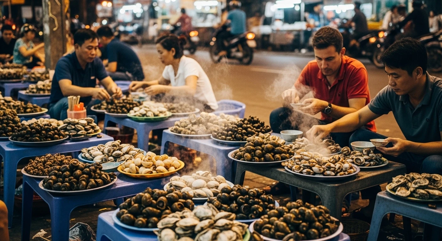 A vibrant outdoor seating area of a 'Quan Oc' restaurant in Saigon, with many dishes of snails and shellfish laid out