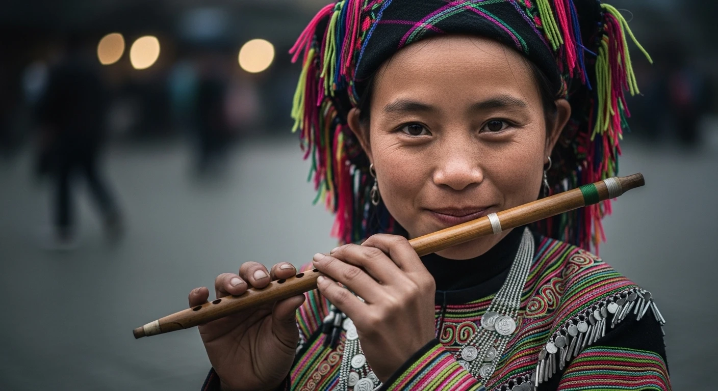 Close-up of a young Hmong woman playing a leaf flute with a shy smile, during the Sapa Love Market.