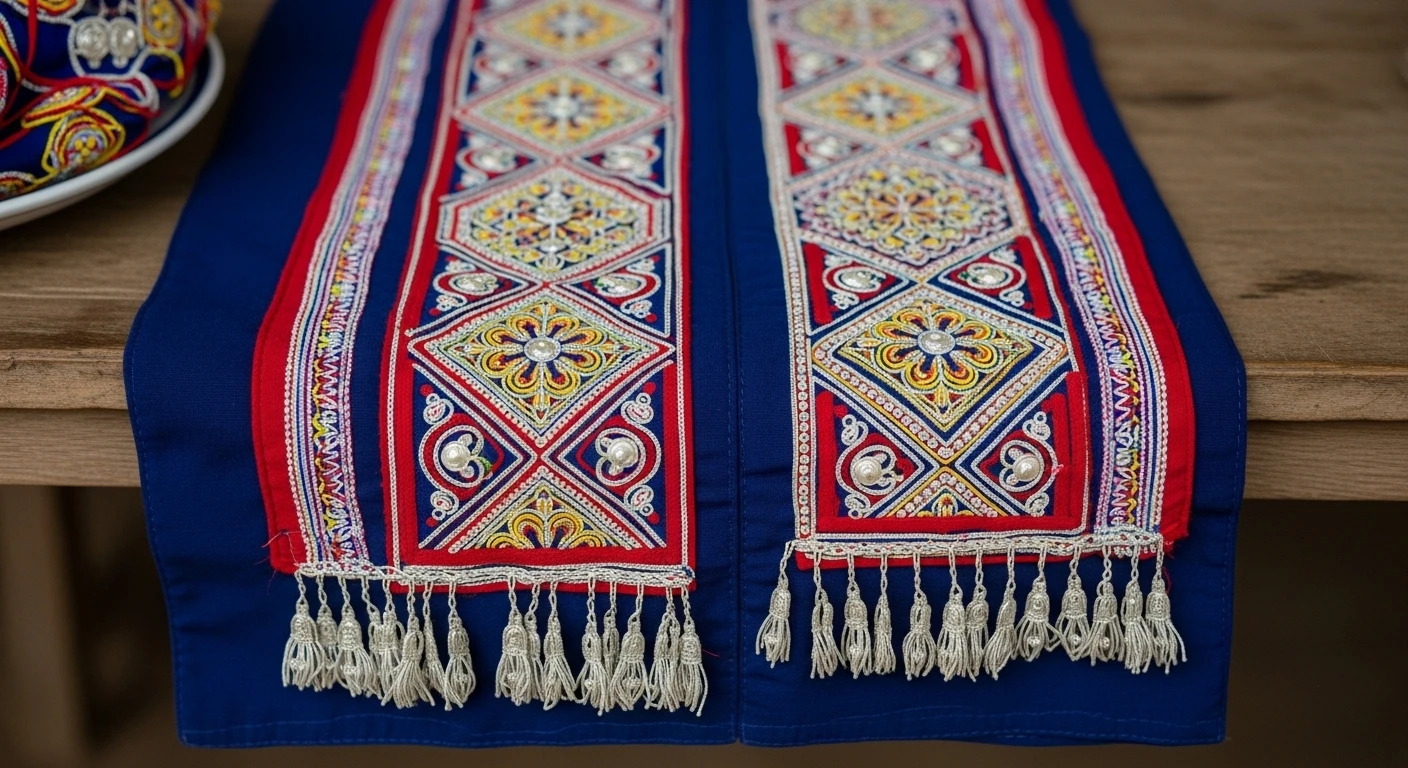 A vibrant Hmong textile with intricate embroidery displayed for sale.