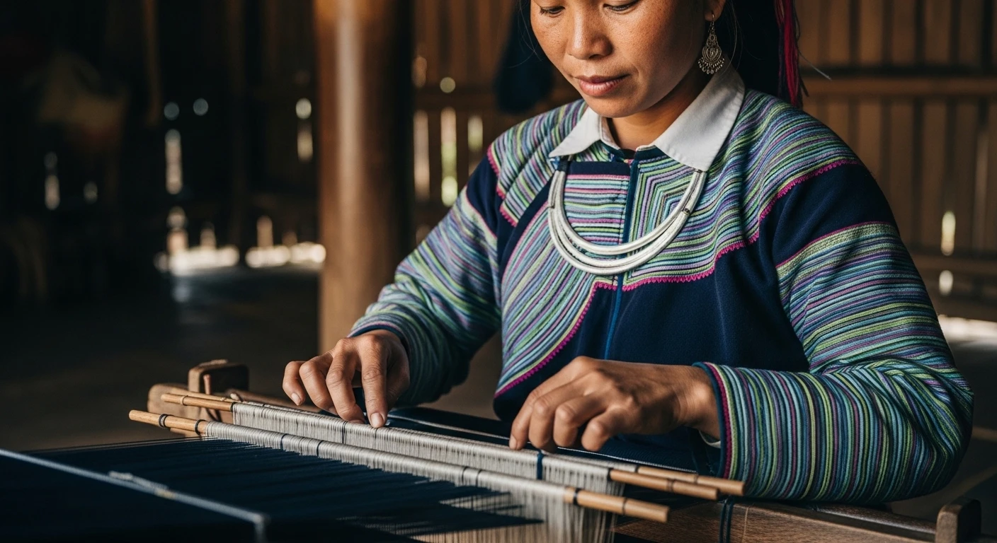 A close-up of a Black Hmong woman in traditional indigo clothing weaving on a loom