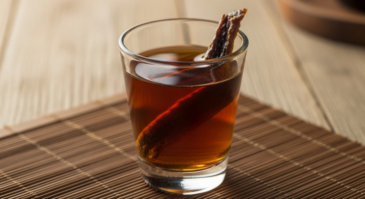 A close-up of a small glass filled with amber-colored snake wine, with a piece of dried snake visible in the liquid