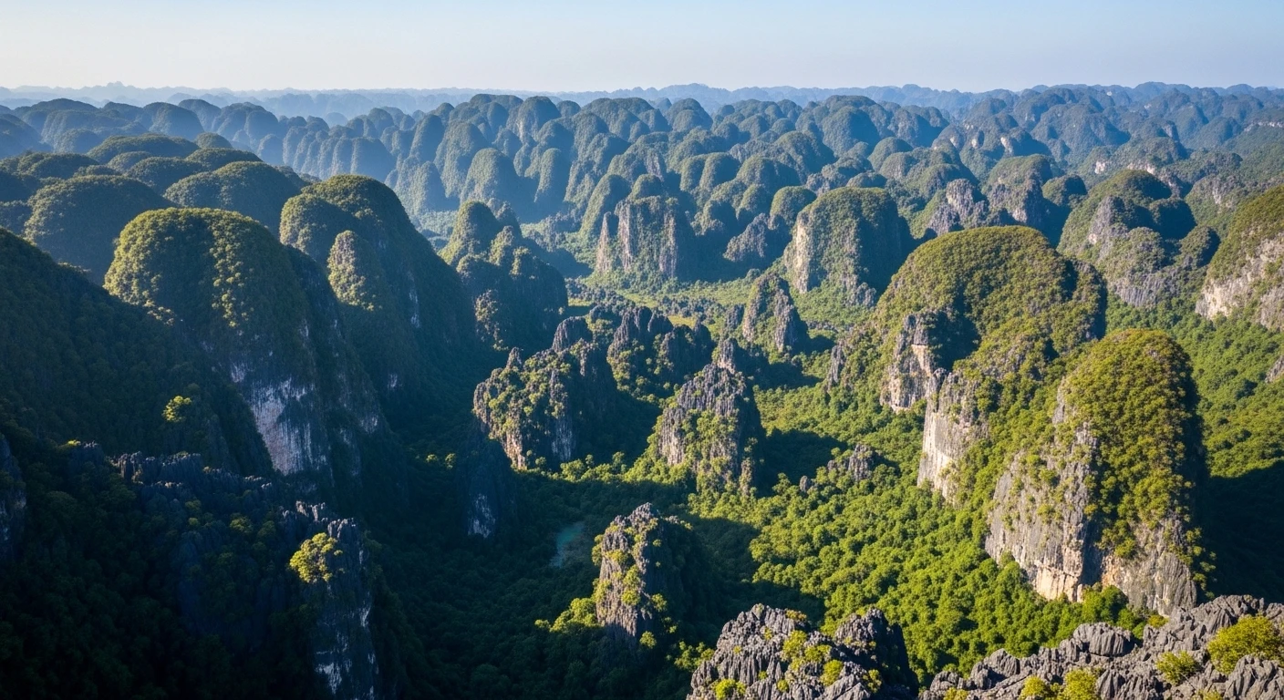 Dramatic aerial view of limestone karsts and dense jungle in Phong Nha-Ke Bang National Park
