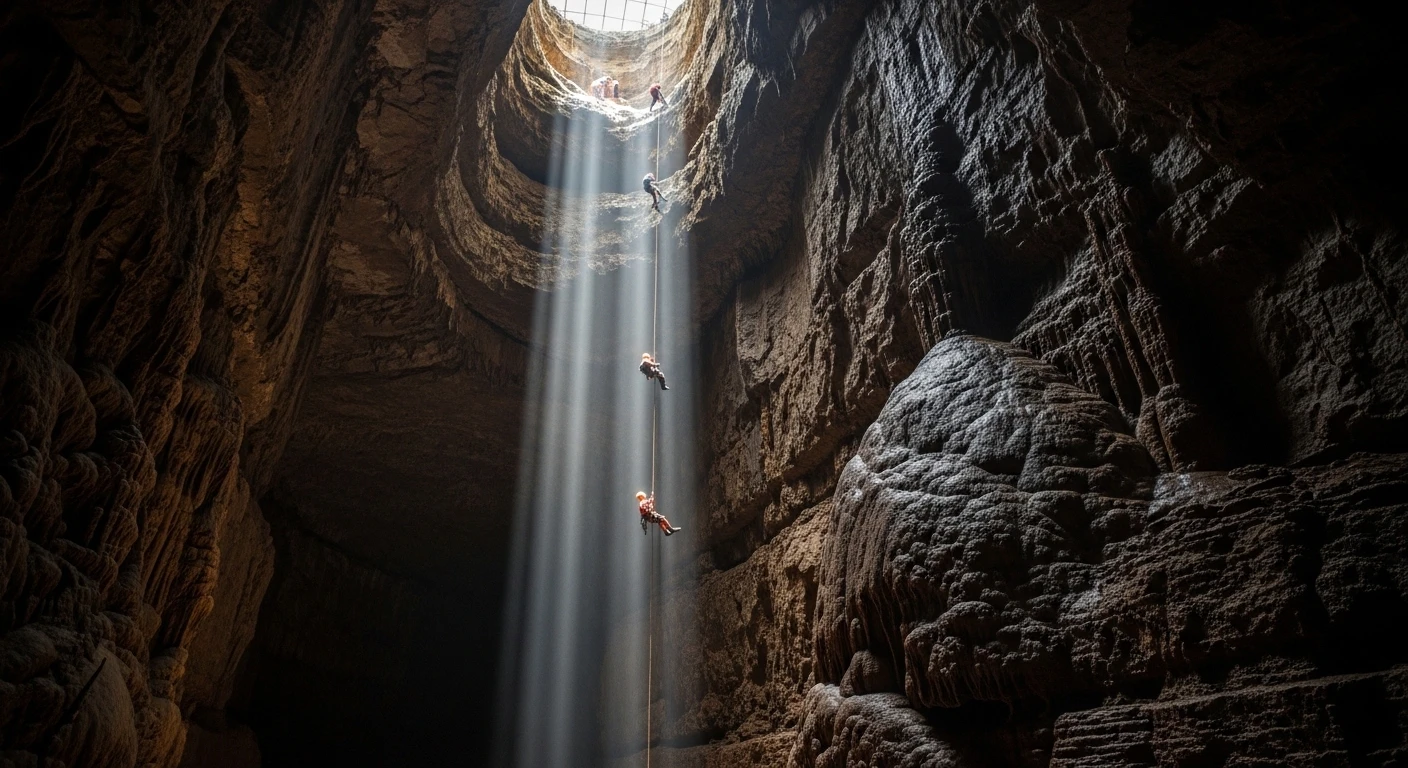 Rappelling down a cliff face inside a massive cave, with tiny figures of cavers for scale