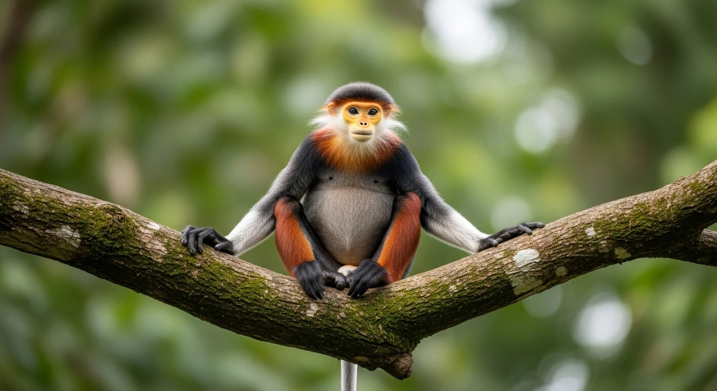 A Red-shanked Douc Langur perched on a tree branch in Son Tra's canopy