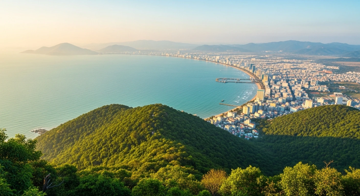 Panoramic view from Son Tra Peninsula overlooking Da Nang city and the coastline