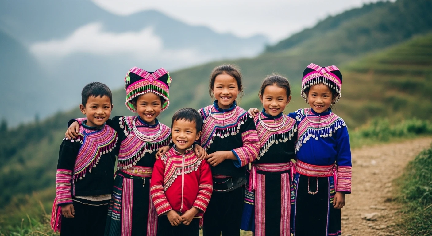 Local children in traditional ethnic clothing smiling near a mountain path
