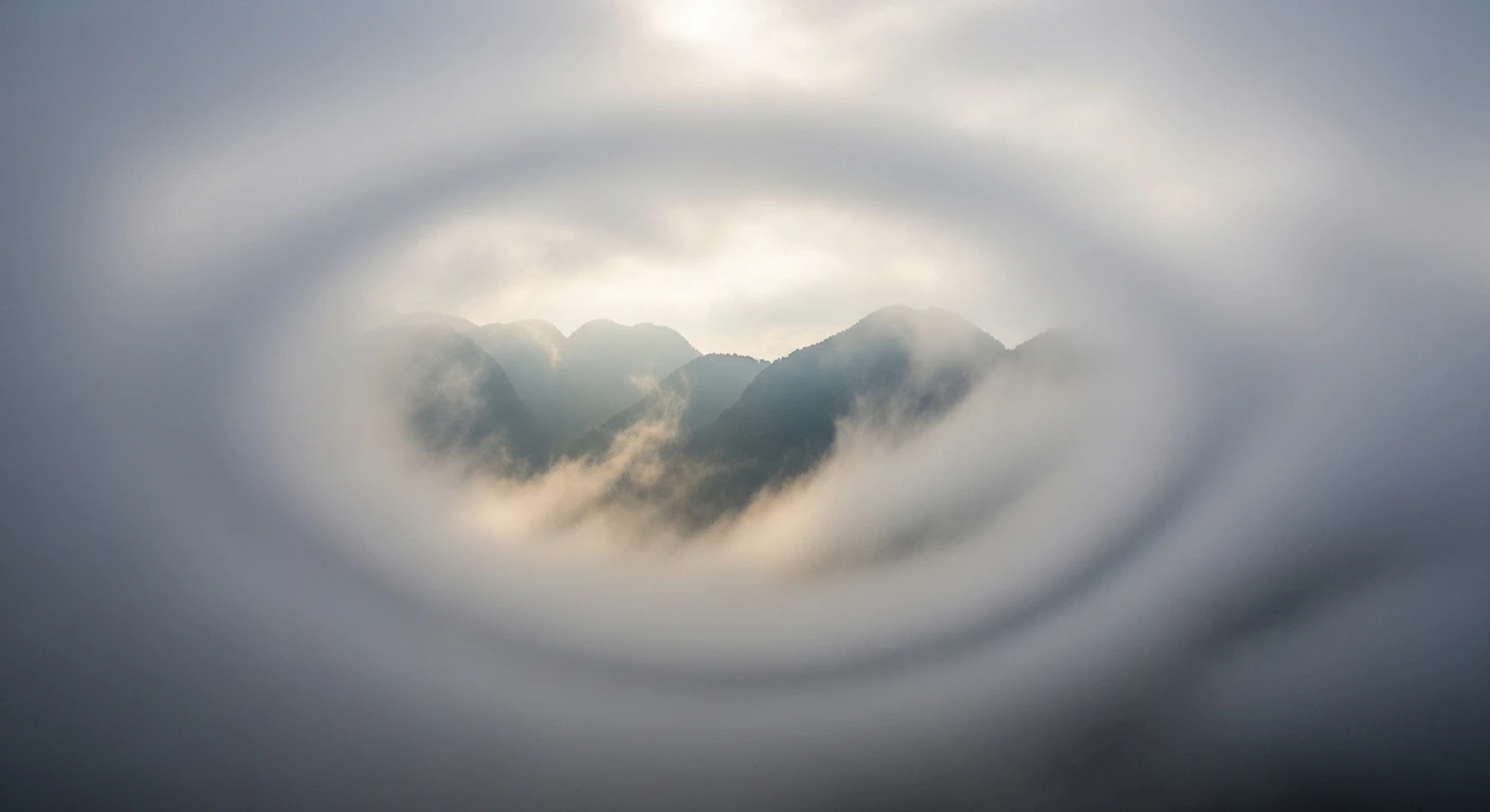 A close-up of swirling mist and clouds, with hints of green mountain peaks peeking through