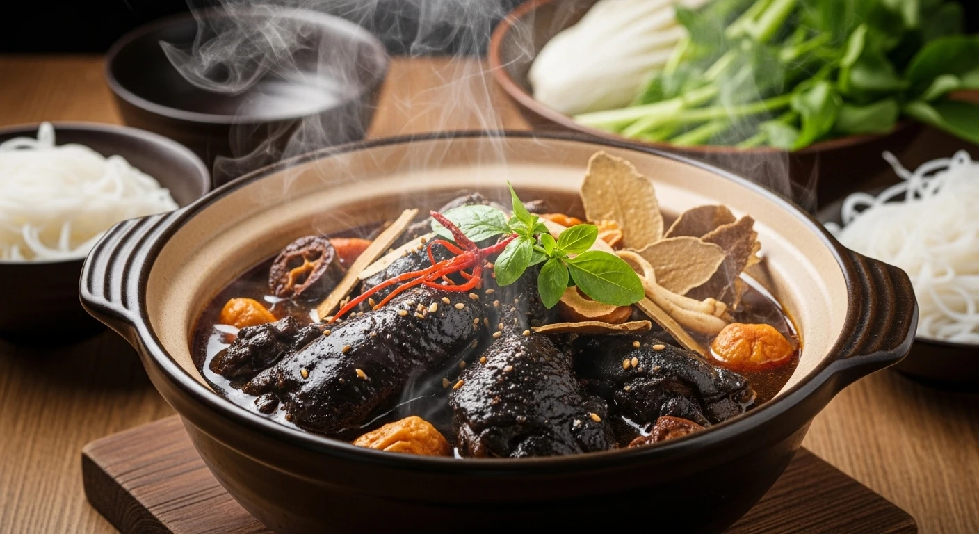 A steaming pot of rich, dark broth with pieces of black chicken and medicinal herbs, ready to be served as a hotpot