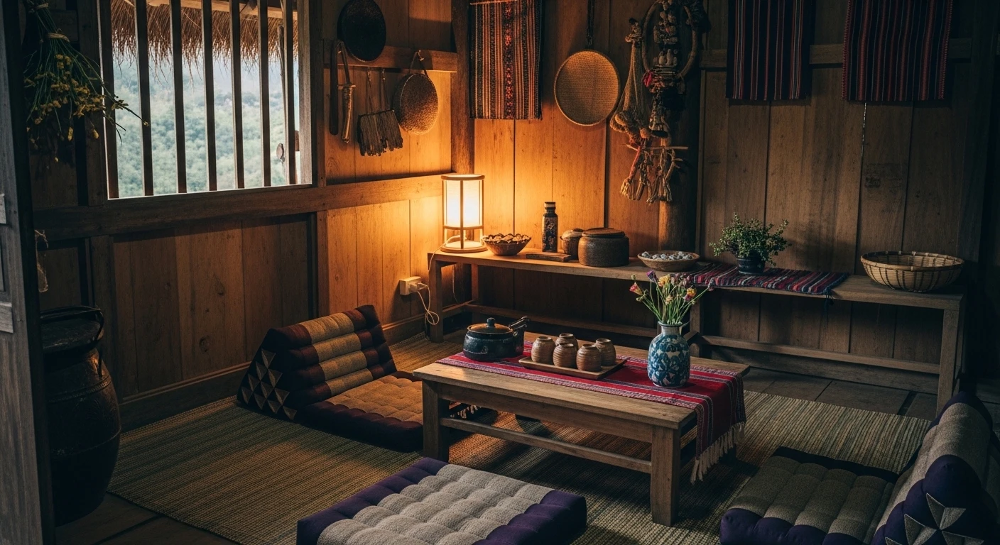A cozy interior of a rustic homestay in Ta Xua, with wooden furniture and local decor