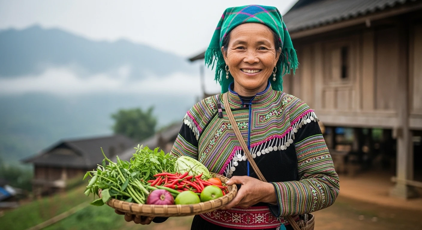 A Hmong woman in traditional clothing, smiling and holding a basket of local produce in a highland village