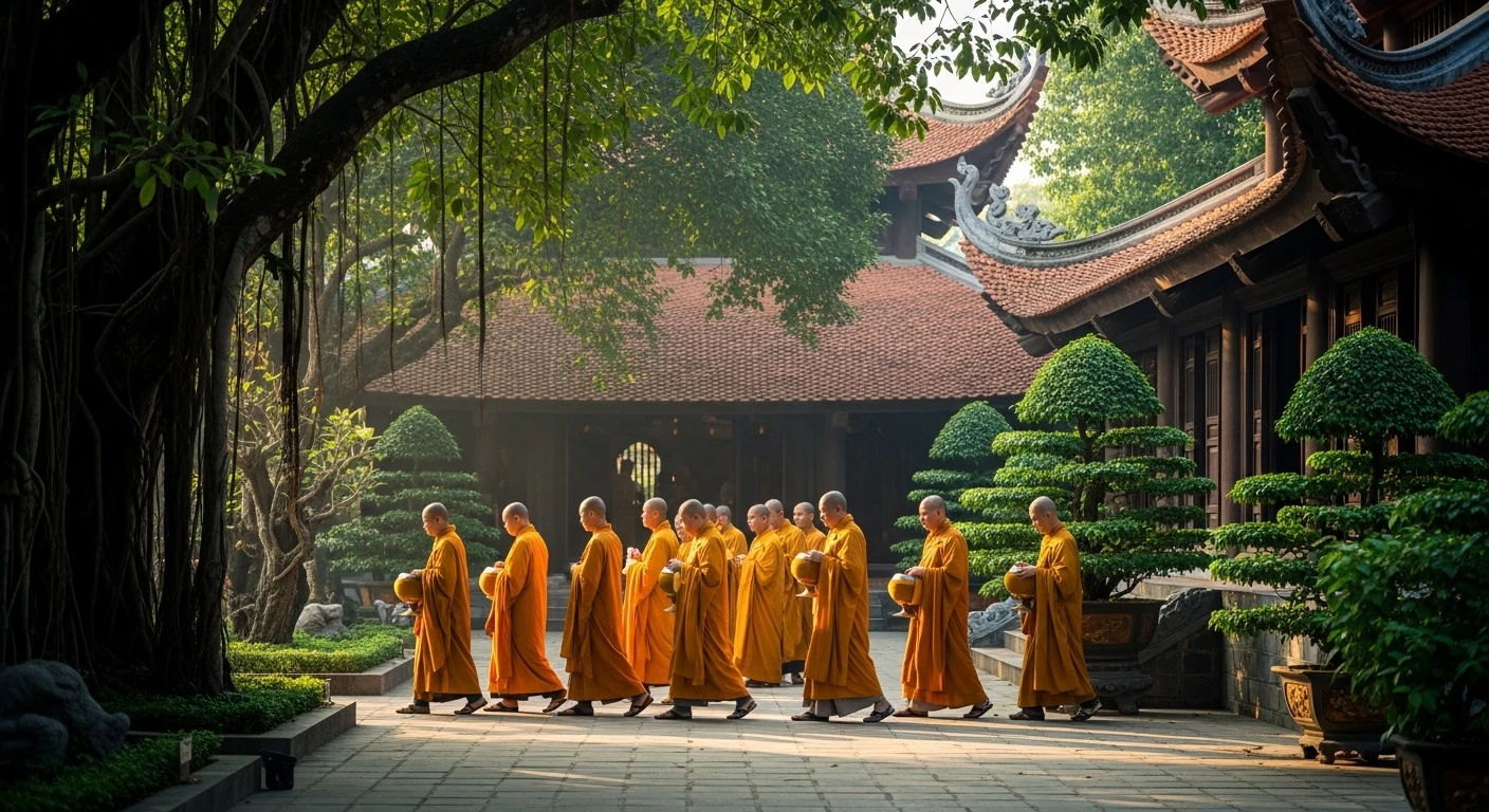 Monks walking through a serene courtyard at Tam Chuc Pagoda