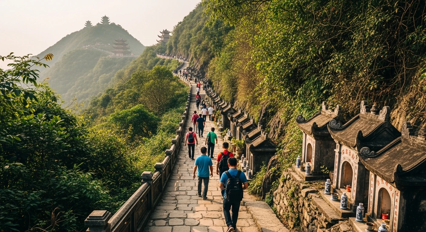 Pilgrims ascending a sacred path towards temples on Black Virgin Mountain