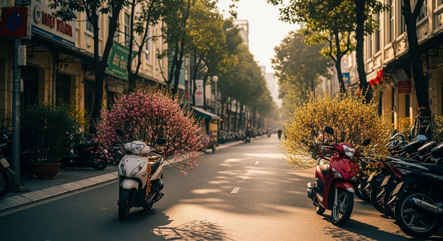 A nearly empty street in Ho Chi Minh City during Tet, with a few decorated motorbikes
