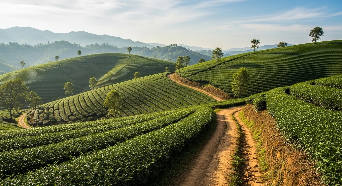 A scenic view of rolling green tea plantations in Thai Nguyen, Vietnam, with a dirt path winding through them