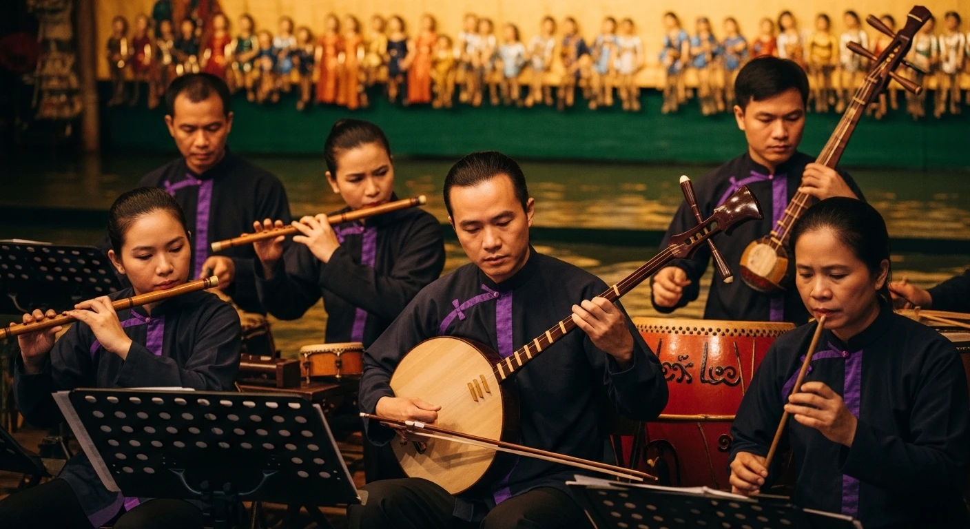 A group of musicians playing traditional Vietnamese instruments behind the water puppet stage.
