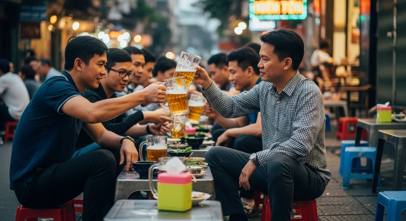 A vibrant street scene of people enjoying Bia Hoi at low plastic tables in Hanoi's Old Quarter.