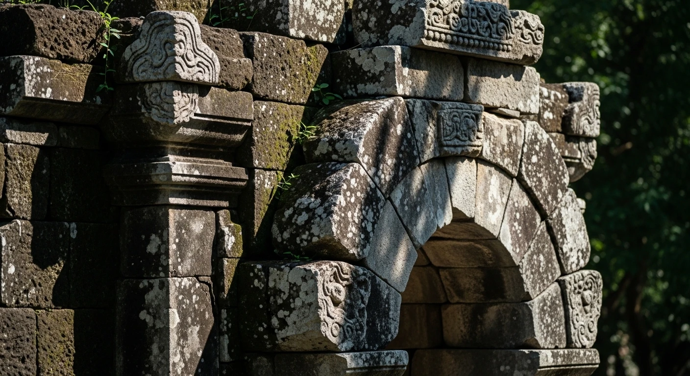 Close-up of weathered stone blocks and ancient archways at Lam Kinh Citadel