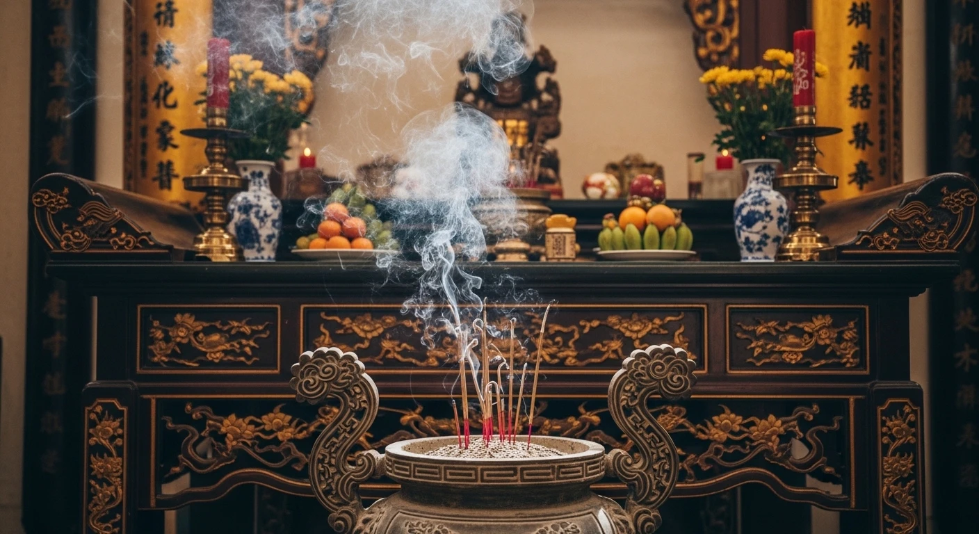 An ornate altar inside a temple at Lam Kinh, with incense smoke rising