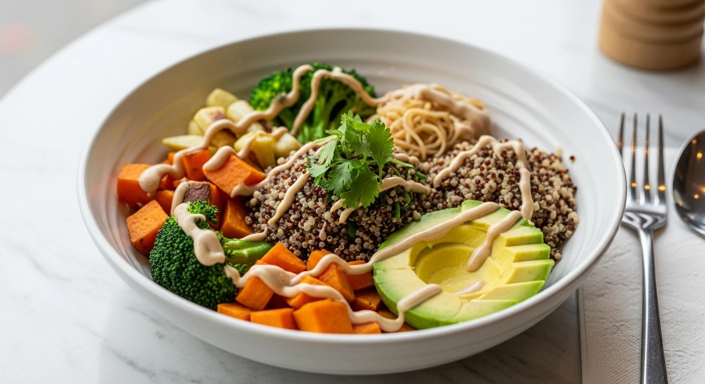 A colorful vegan Buddha bowl with fresh vegetables and grains on a wooden table