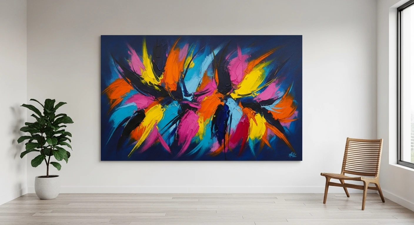 An abstract painting displayed in a minimalist art gallery in Thao Dien