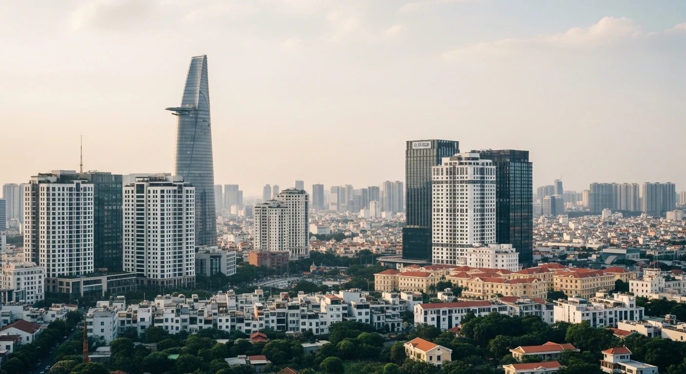 A panoramic view of Ho Chi Minh City skyline, showcasing its mix of old and new architecture
