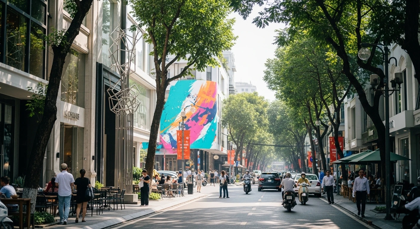 A vibrant street scene in Thao Dien, Saigon, with trendy cafes and art installations