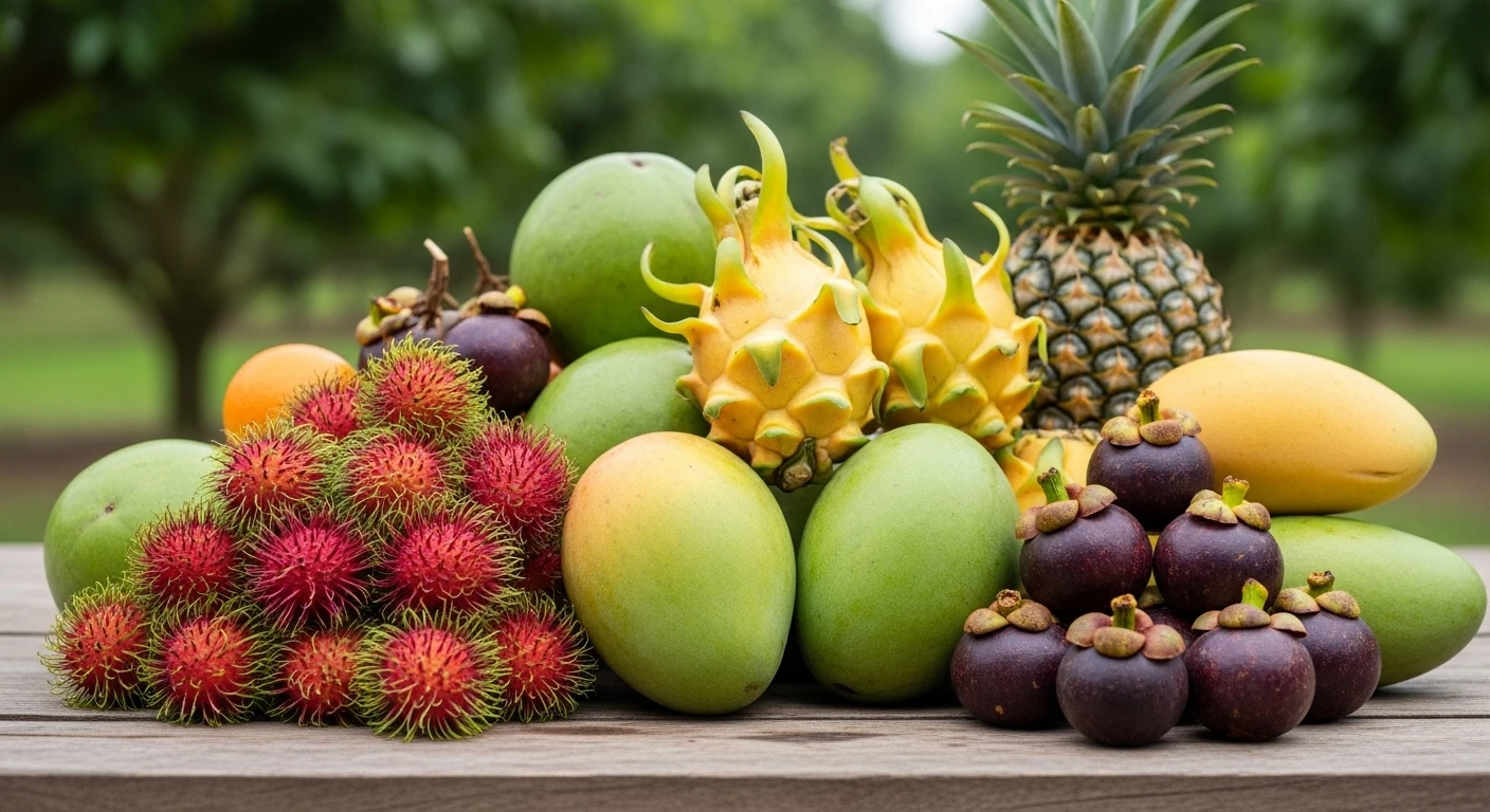 A close-up of a variety of tropical fruits being displayed on Thoi Son Island