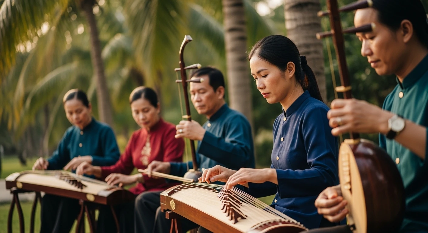 A group of local musicians playing traditional Vietnamese instruments in a garden setting on Thoi Son Island