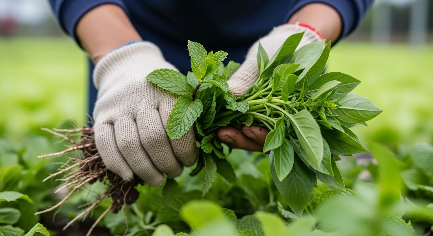 Close-up of hands harvesting fresh herbs in Tra Que Vegetable Village