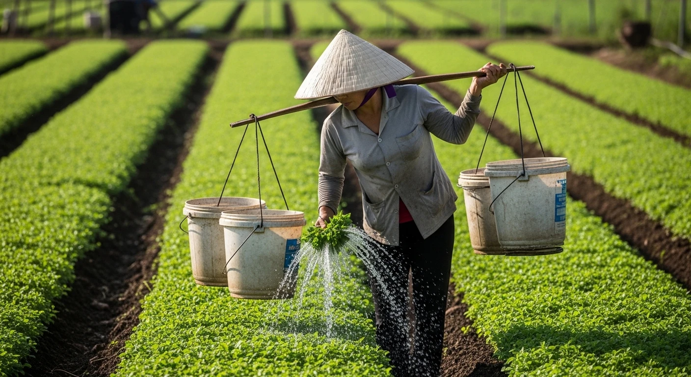 A farmer in a conical hat watering rows of vibrant green herbs in Tra Que Vegetable Village