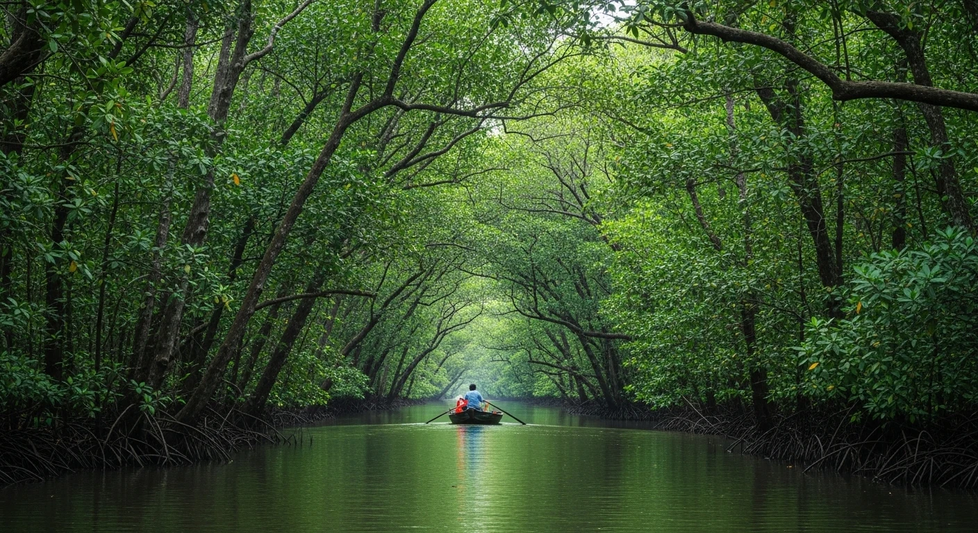 A winding canal leading towards the Tra Su mangrove forest, with lush greenery on either side.