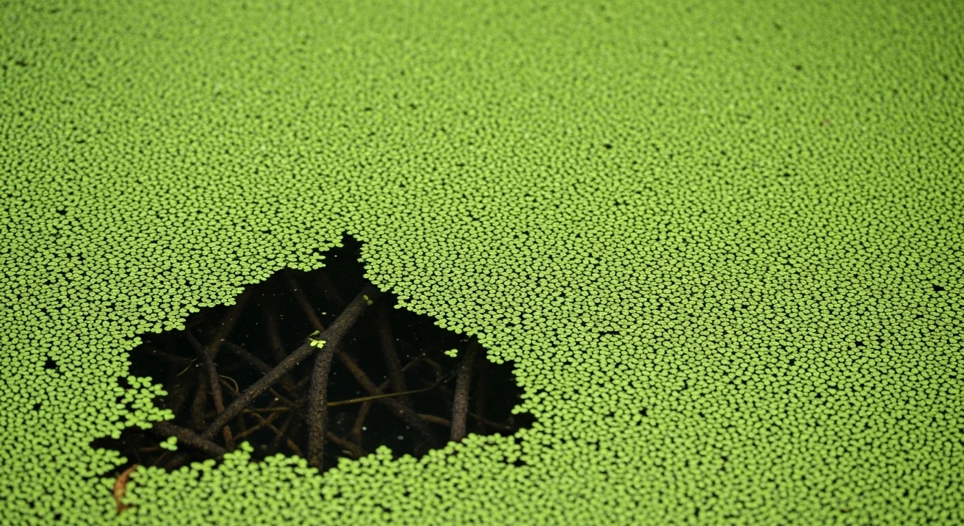 A close-up of bright green duckweed covering the water's surface in Tra Su, with submerged tree roots visible.
