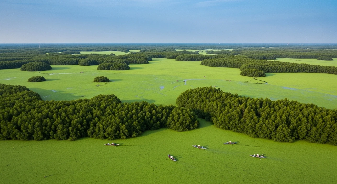 The observation tower at Tra Su mangrove forest, offering a panoramic view of the vast green duckweed-covered canopy.