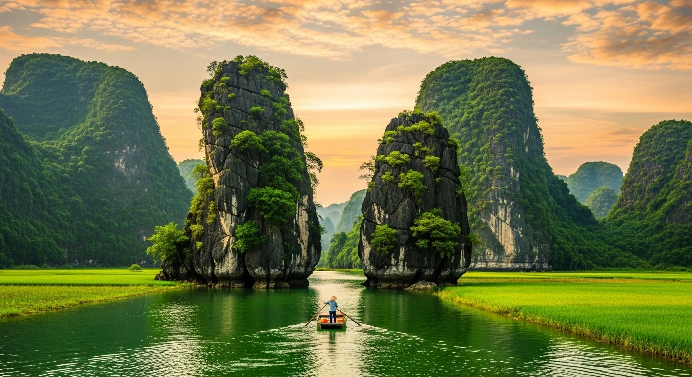 A wooden boat gliding through Trang An's limestone karsts and emerald water