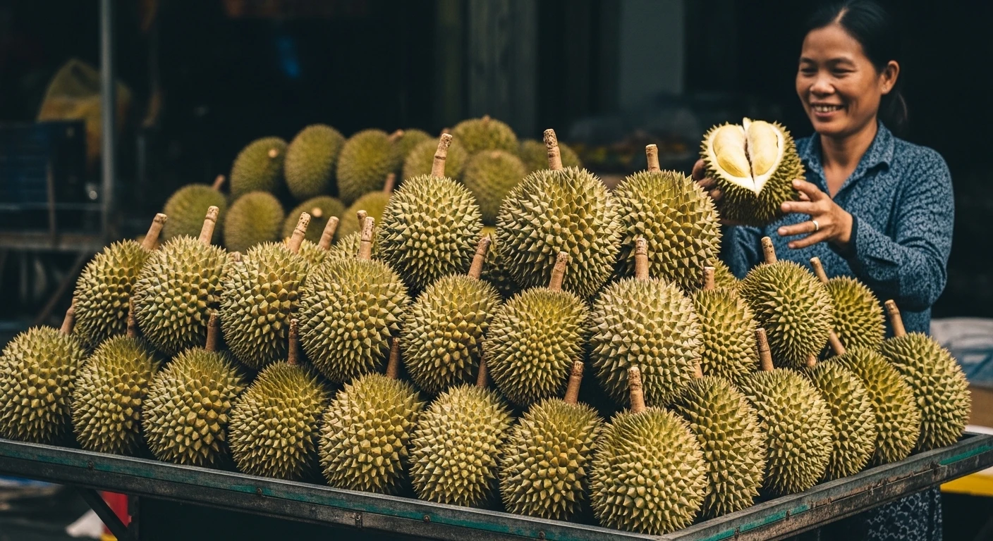 A street vendor in the Mekong Delta selling durian from a cart