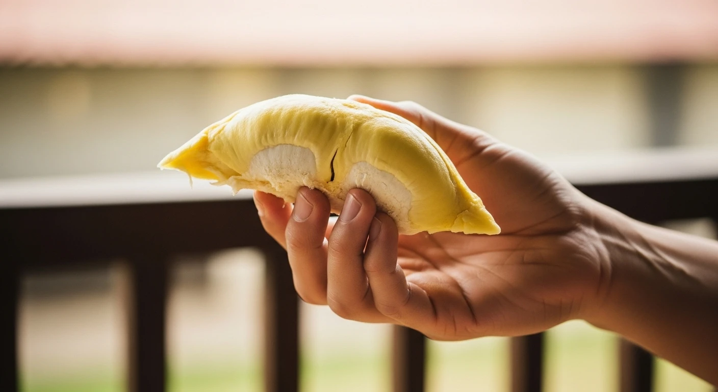 A close-up of someone holding a durian pod, ready to eat