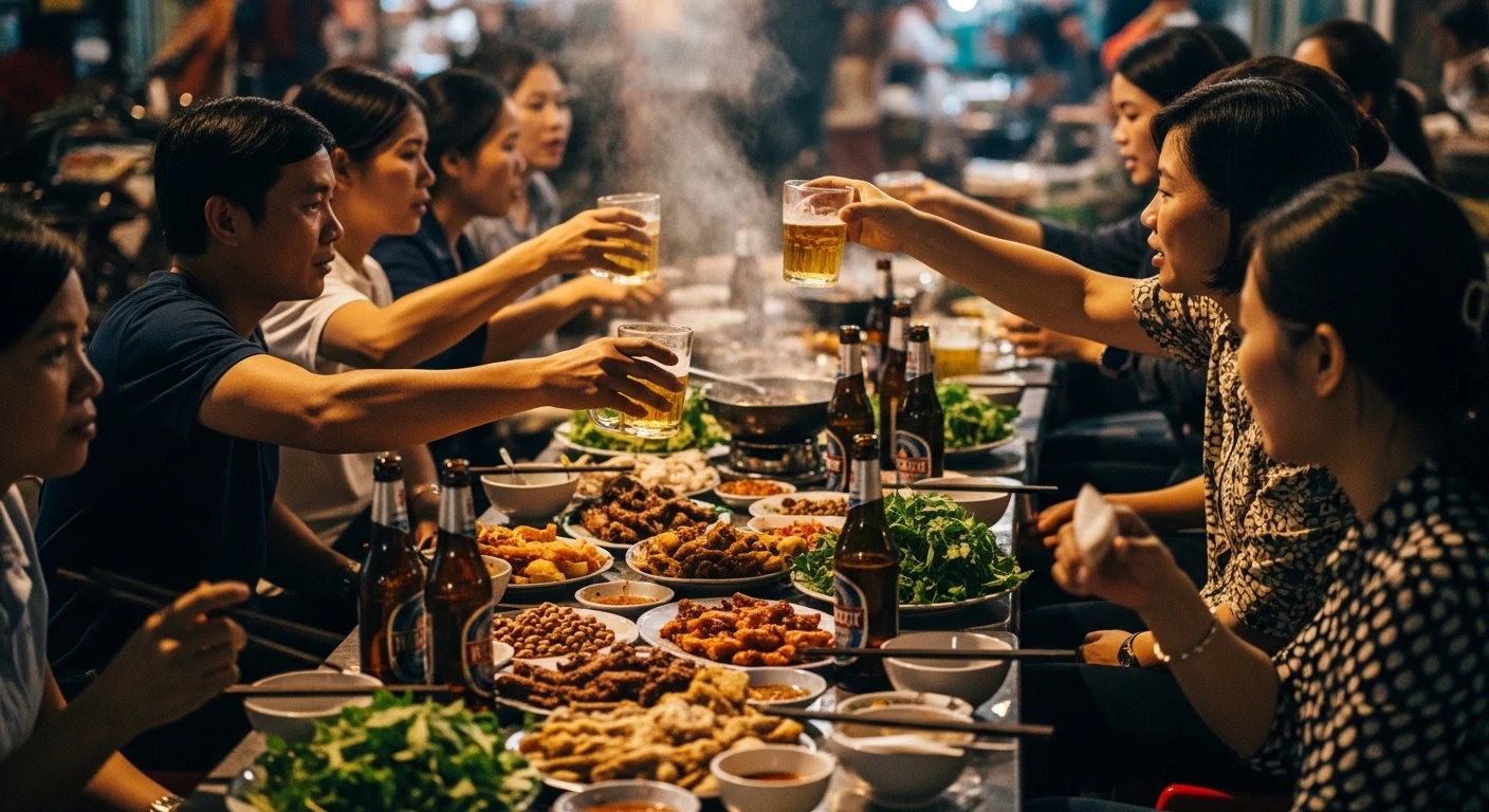 A lively street scene in the Mekong Delta at night, with people gathered around tables eating and drinking beer