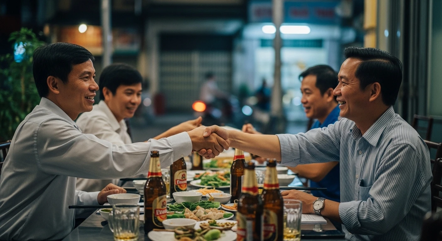 A group of Vietnamese businessmen shaking hands over a table filled with beer bottles and food during a 'Nhau' session