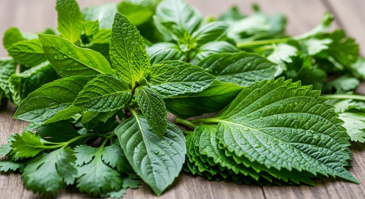 A close-up of a vibrant plate of fresh Vietnamese herbs served with street food