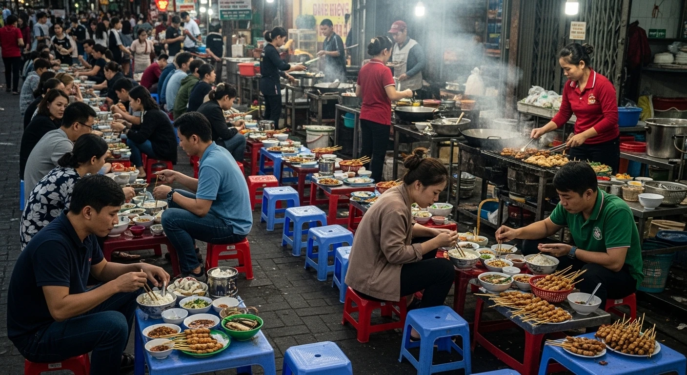 A vibrant street food scene in Vietnam with people sitting on small plastic stools eating various dishes