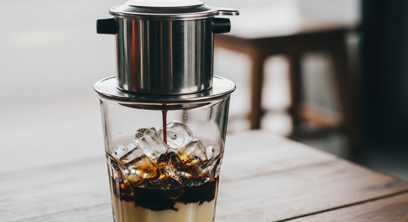 A traditional Vietnamese phin filter dripping dark coffee into a glass with condensed milk and ice