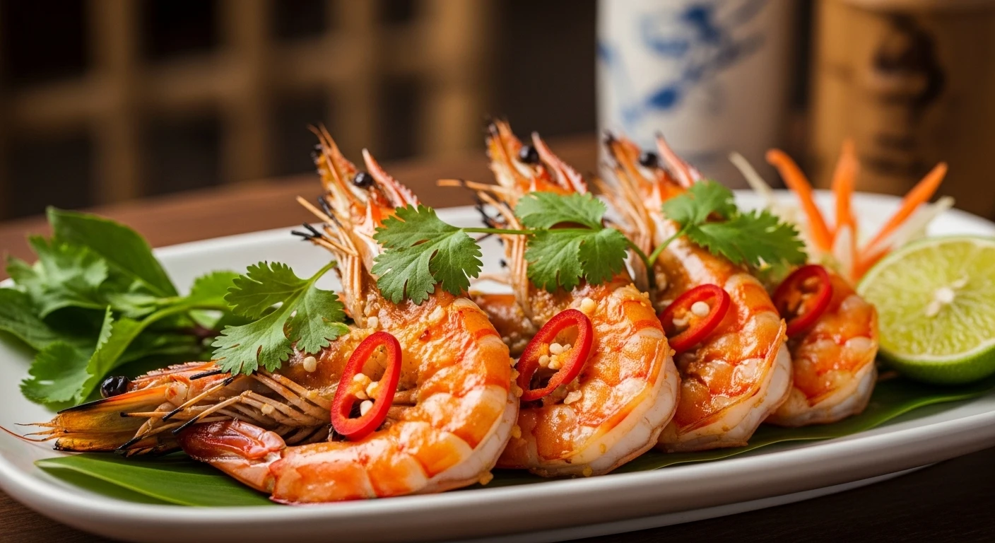A beautifully plated dish featuring Vietnamese-style grilled shrimp with fresh herbs and lime