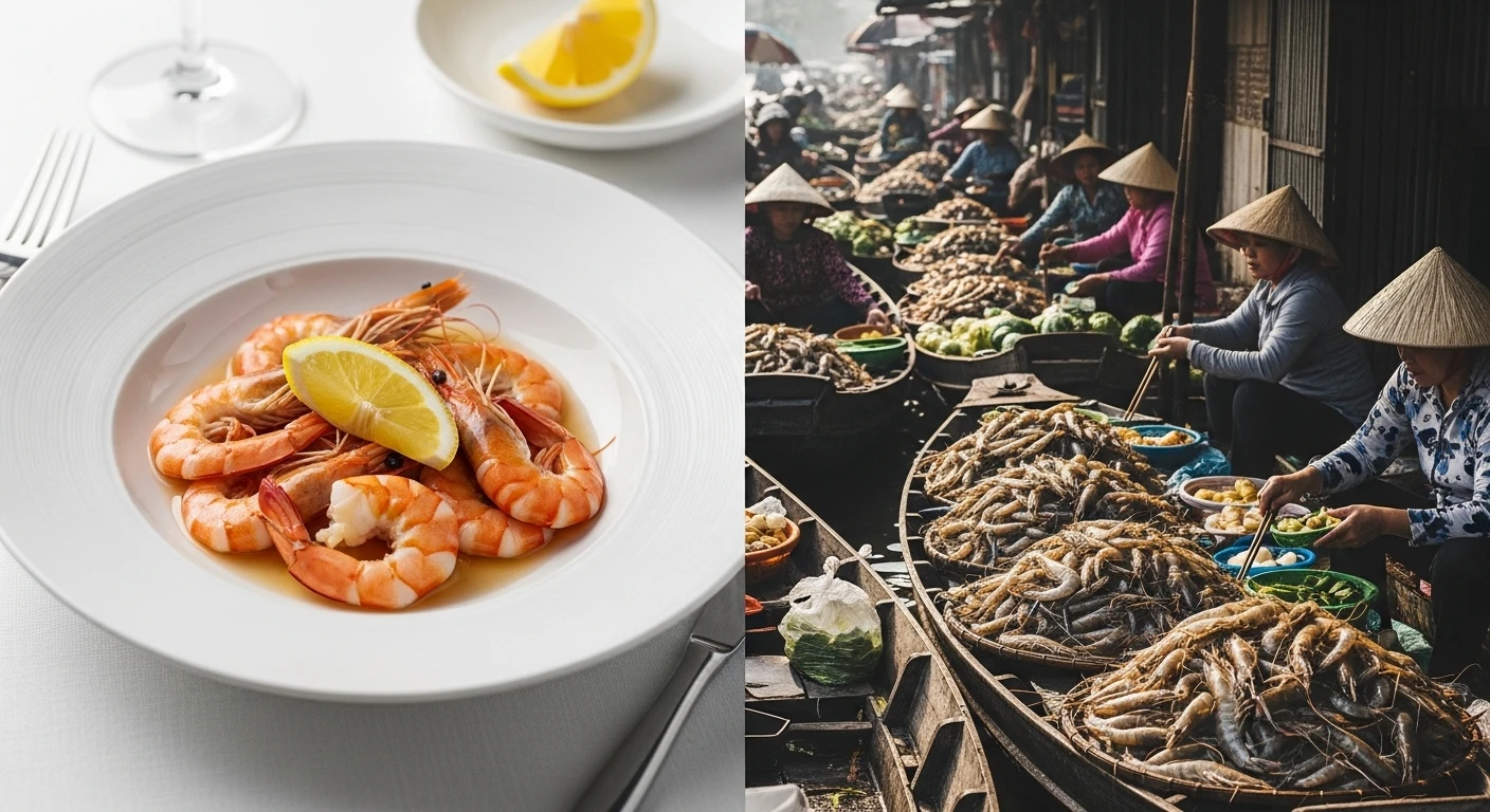 A split image showing Canadian lobster on one side and Vietnamese shrimp market on the other