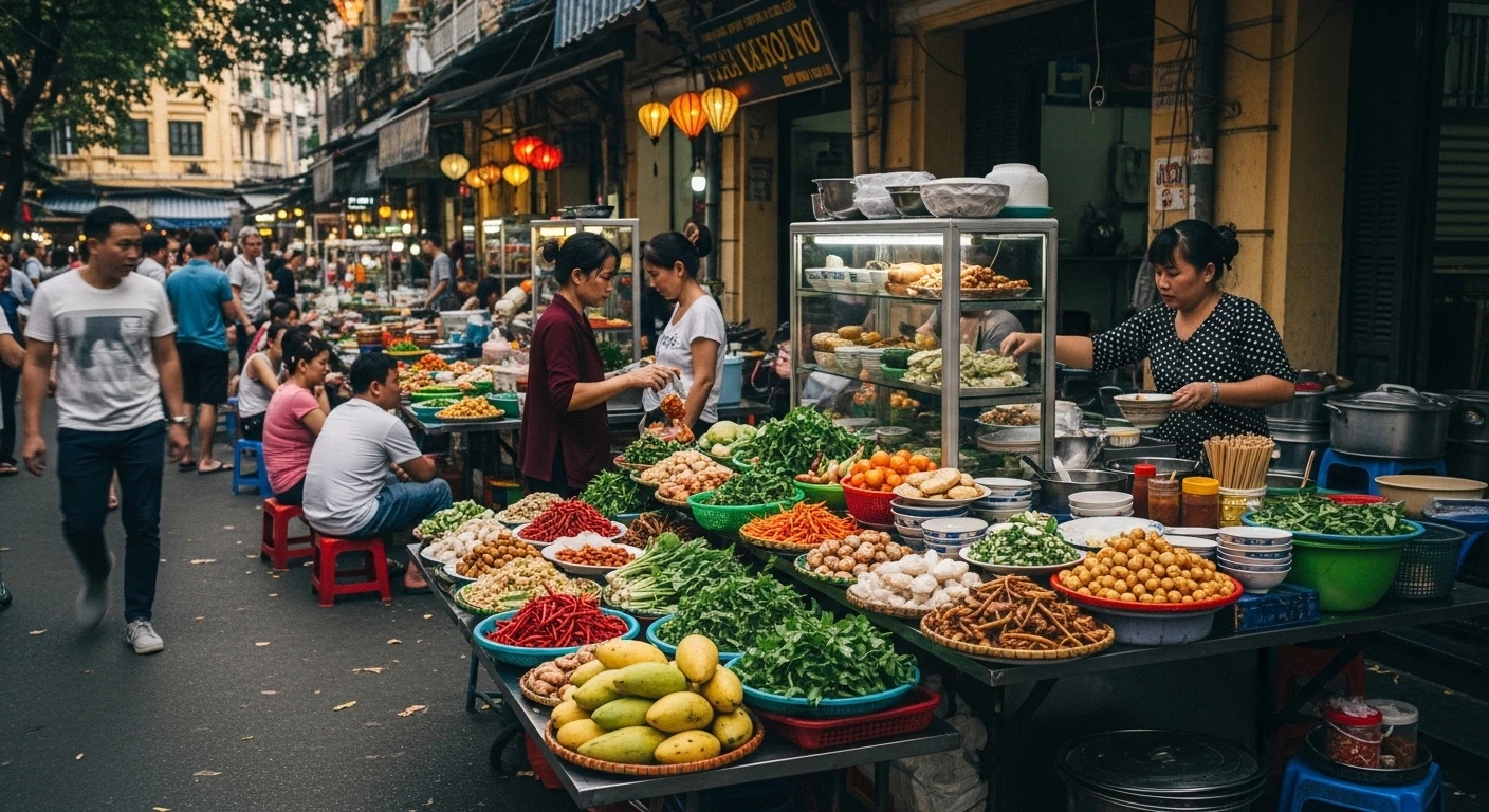 A vibrant street scene in Hanoi with people interacting and food stalls