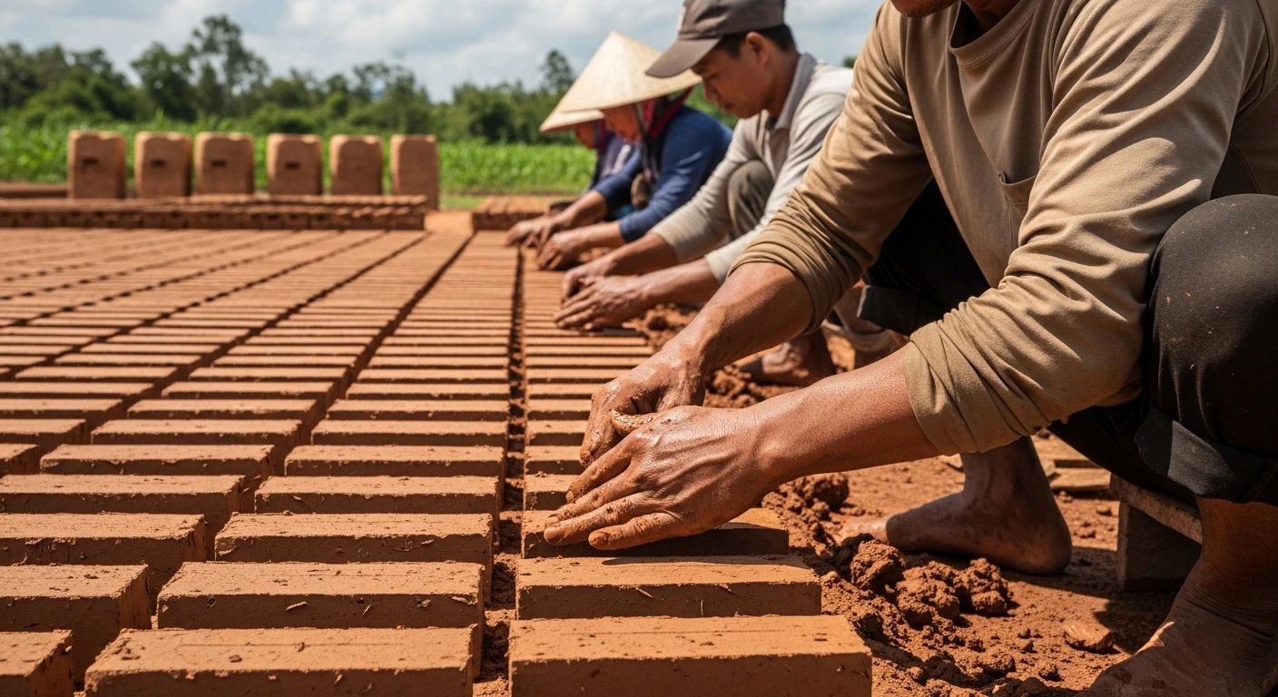 Workers hand-molding clay bricks under the hot Mekong Delta sun