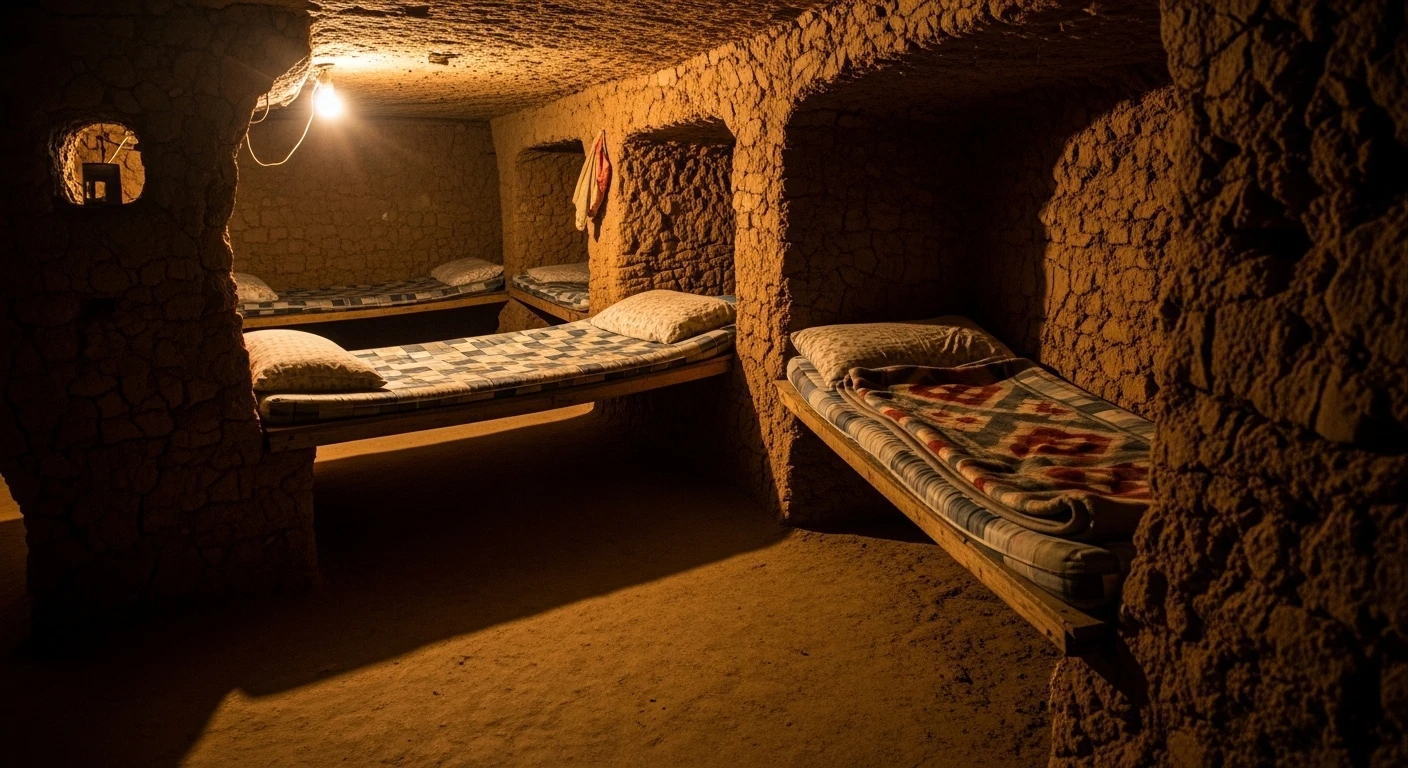 A dimly lit section inside the tunnels showing where families lived, with simple sleeping areas